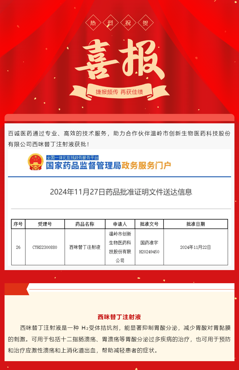 喜報(bào)！百誠(chéng)醫(yī)藥助力合作伙伴西咪替丁注射液獲批！.png