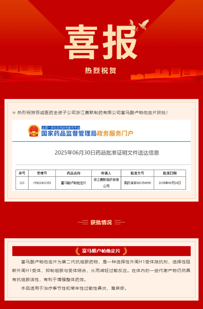 熱烈祝賀百誠醫(yī)藥全資子公司賽默制藥富馬酸盧帕他定片獲批！.png